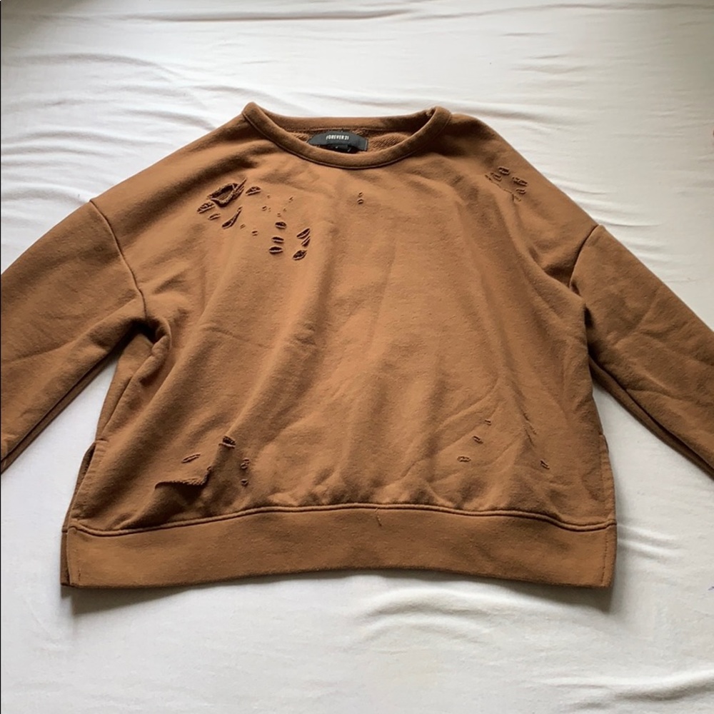 brown distressed cropped crew neck
